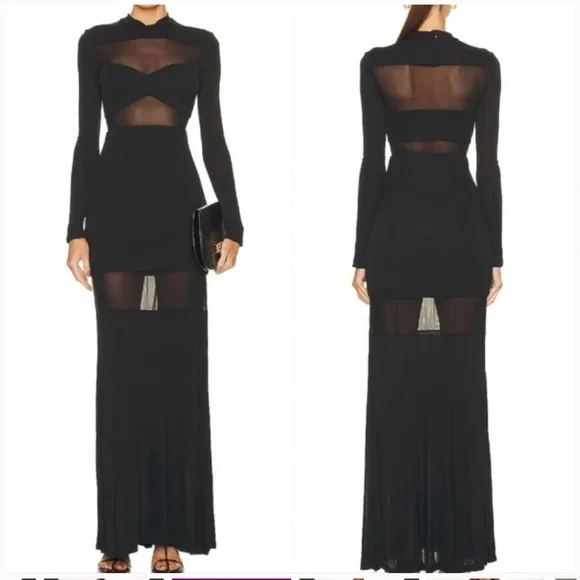STAUD Black Cut-Out Semi Sheer Long Sleeve Paneled Maxi Dress - Picture 5 of 8